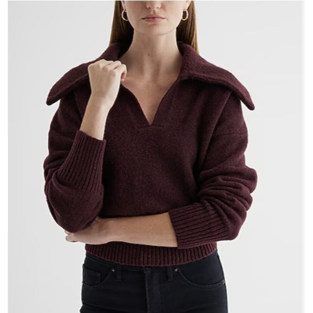 EXPRESS V-Neck Polo Sweater Medium Burgundy Dark Red Cropped  Long Sleeve